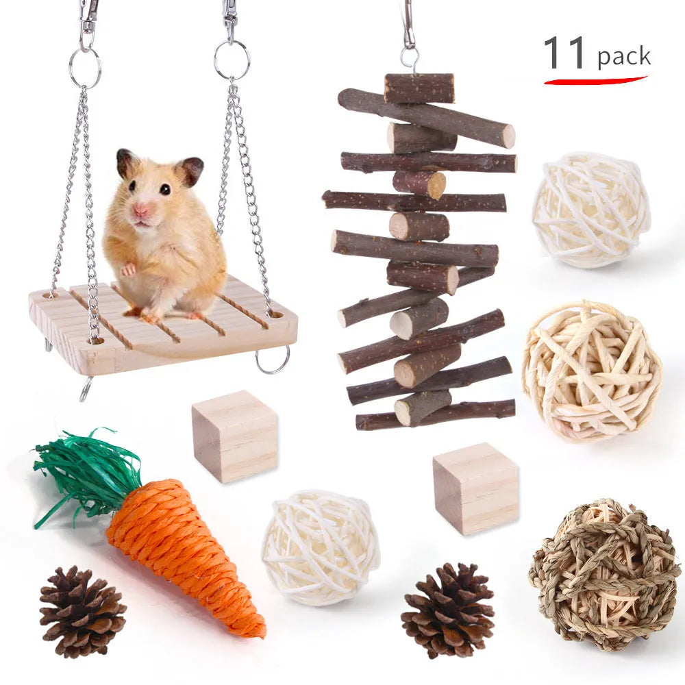 Assortment of wooden pet toys for rabbits guinea pigs and parrots in a set