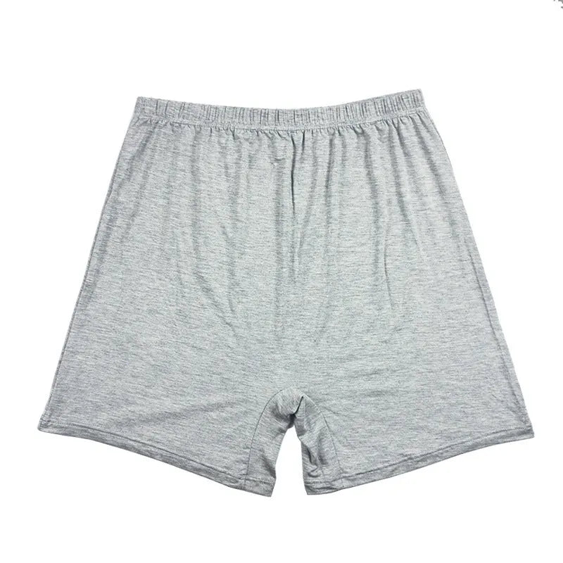 Men's solid colour modal boxer shorts with high waistband, shown in black, blue, gray, and brown.