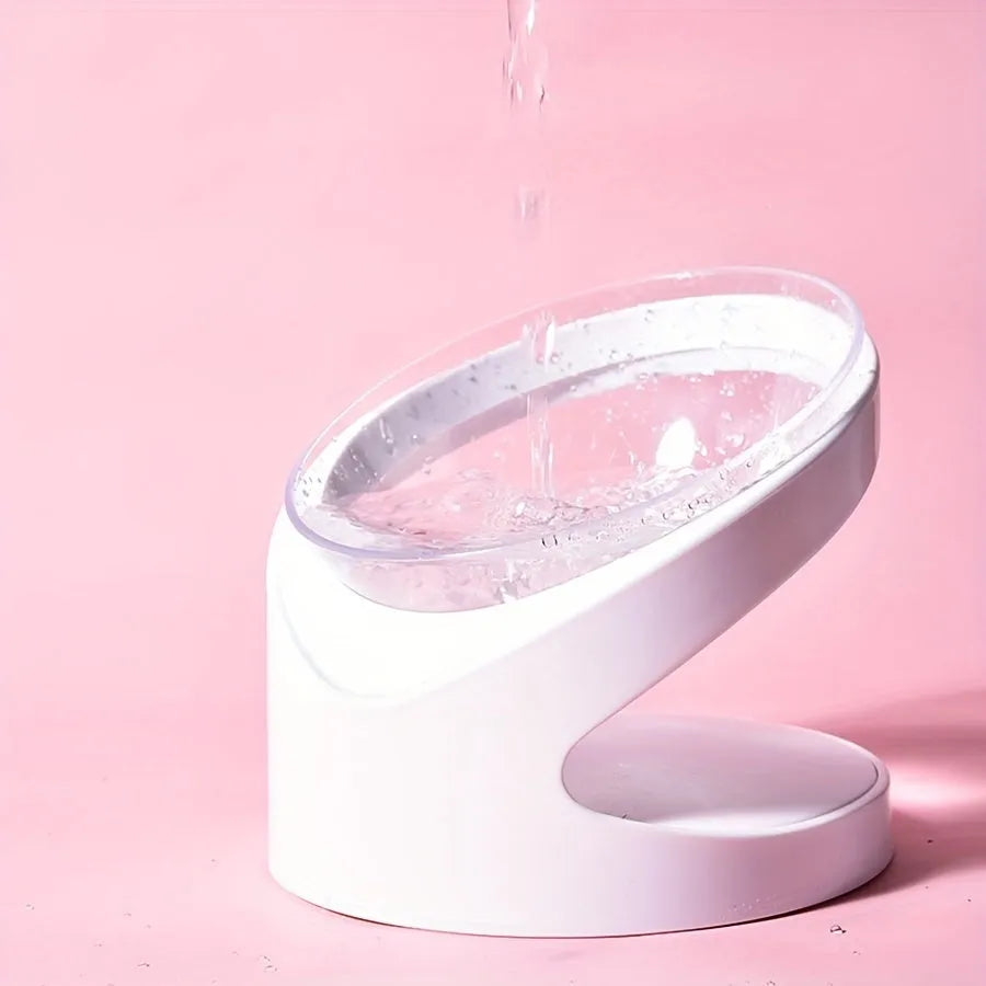 White elevated clear plastic cat food bowl with tilt design for dry and wet food