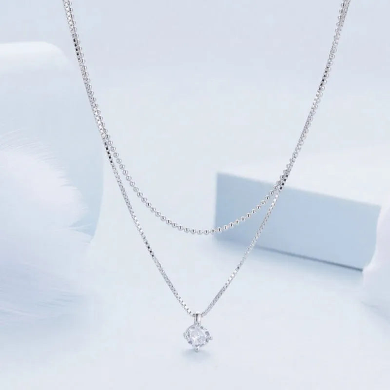 S925 sterling silver double-layer necklace with pearl chain in silver tone