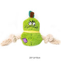 Green and purple interactive dog toy with plush centre and knotted rope tug-of-war arms