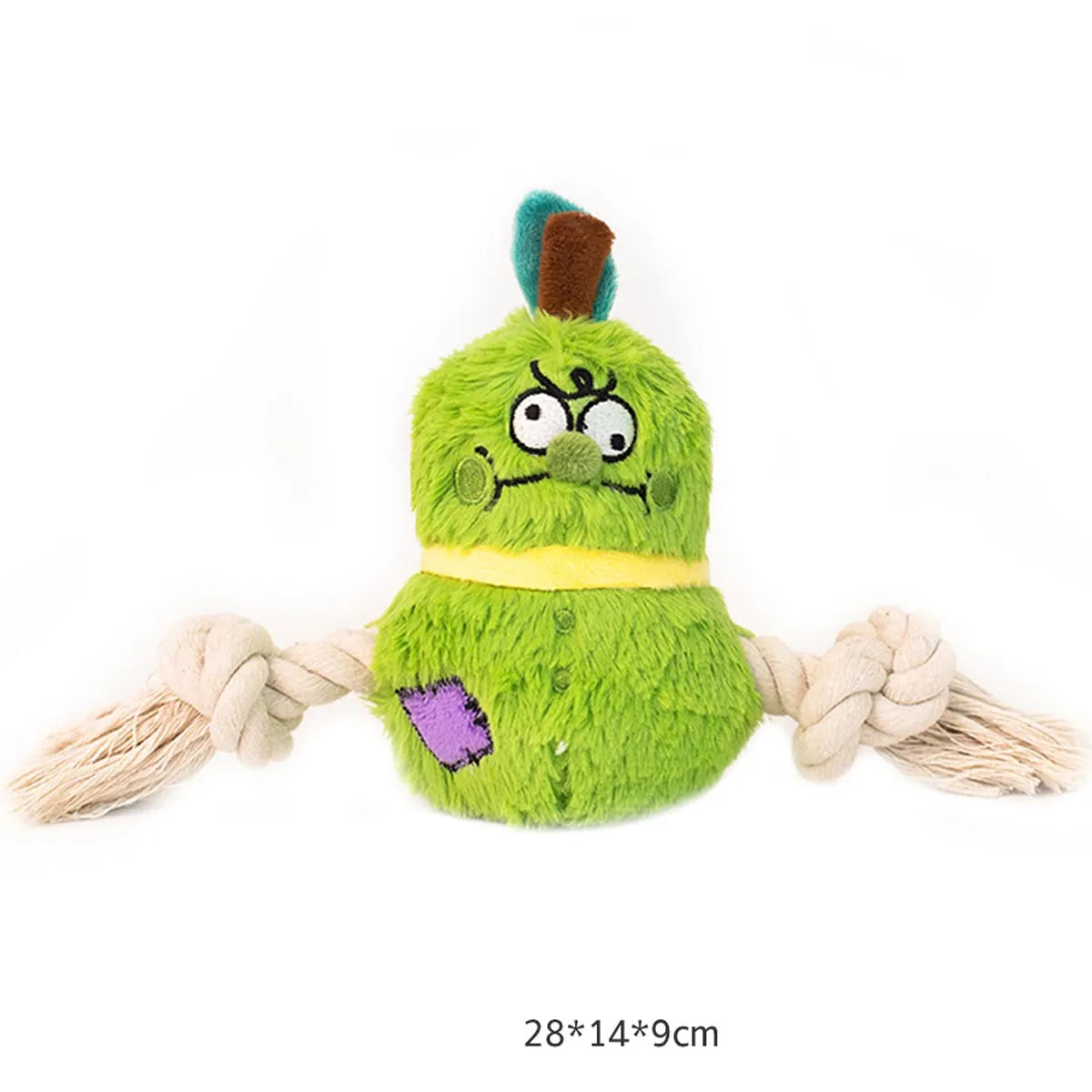Green and purple interactive dog toy with plush centre and knotted rope tug-of-war arms