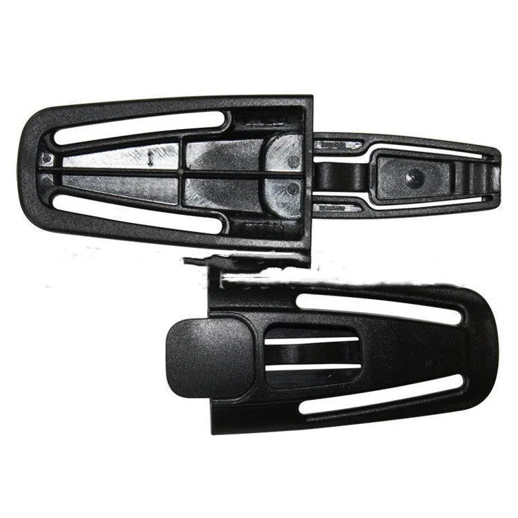 Black nylon child safety seat belt buckle clip measuring 14.5 by 4 centimetres