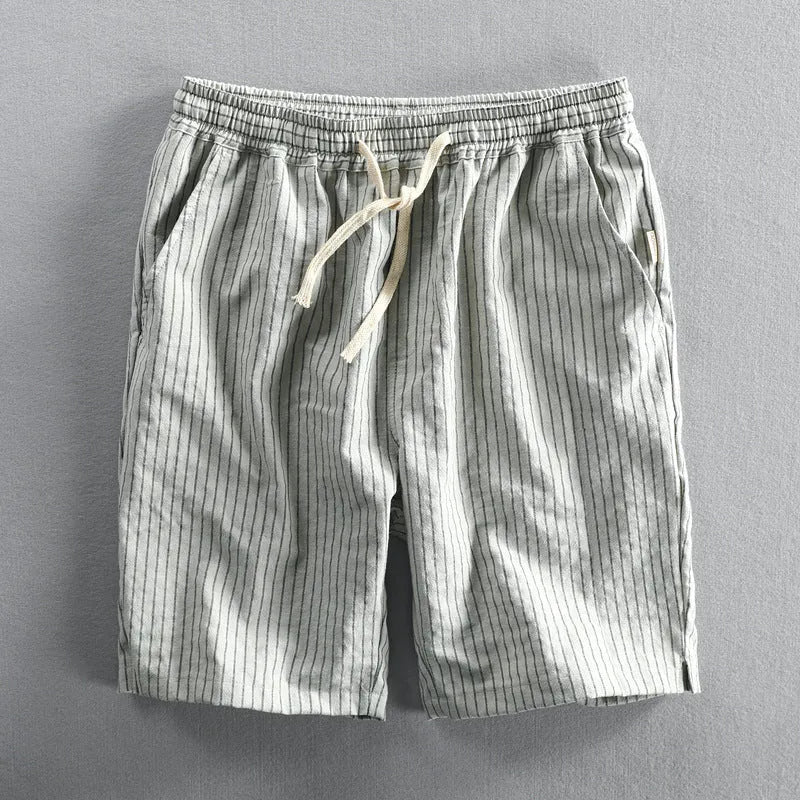 Men's striped cotton casual shorts in light blue with straight leg and mid waist design