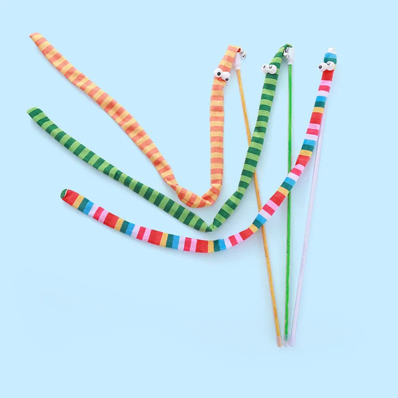 Colourful cat wand toy with long plush strip attachment for interactive play