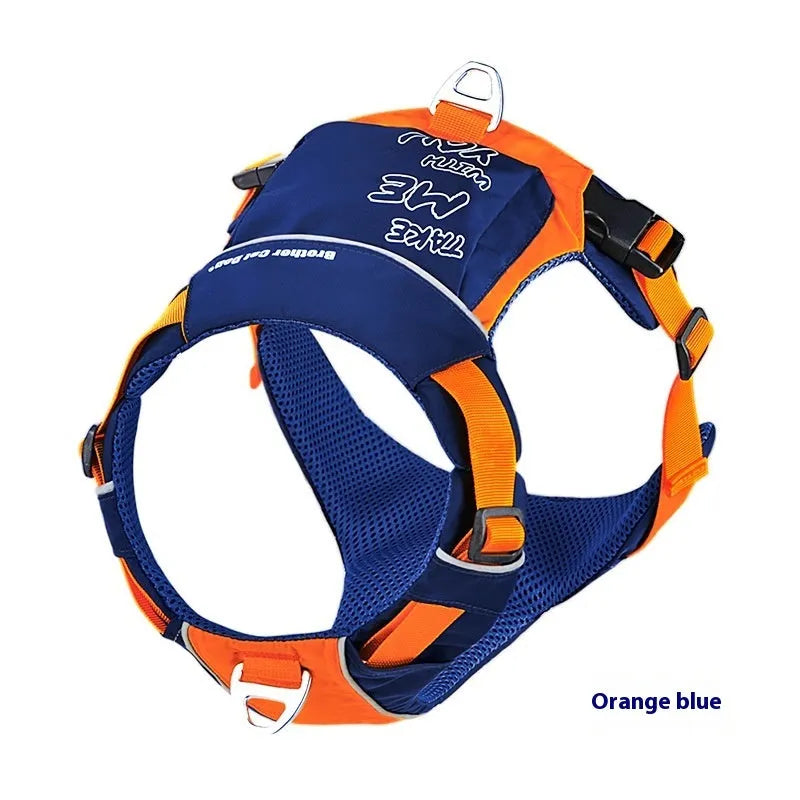 Orange and blue nylon dog chest strap vest harness with integrated hand rope shown on a medium-sized dog.