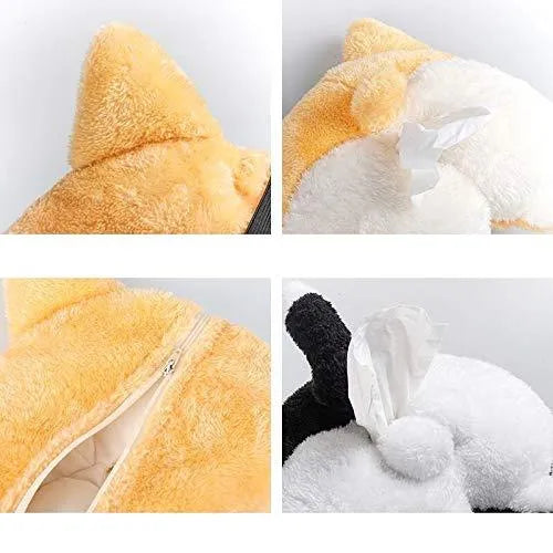 Yellow soft plush corgi butt shaped car tissue holder with elastic hanging straps.