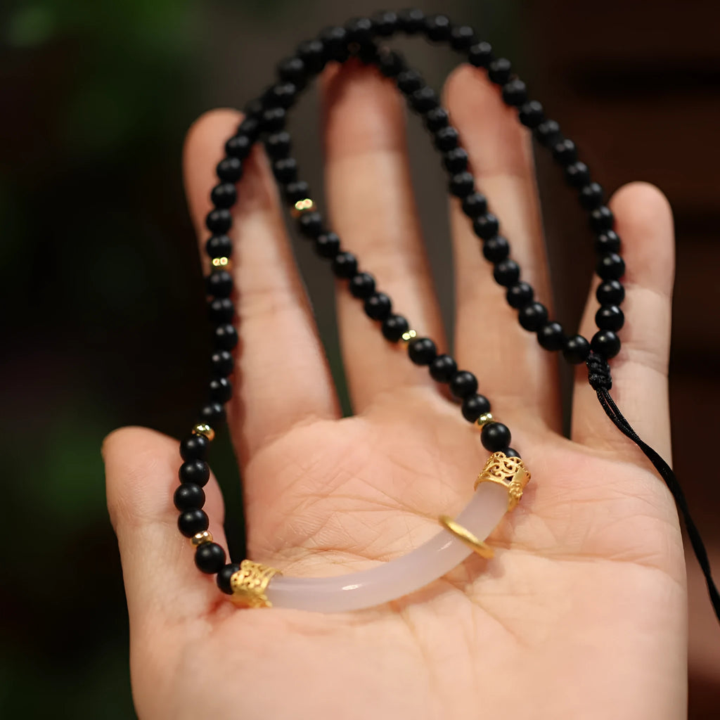 Natural frosted black agate and white chalcedony pendant necklace with 925 silver U-shaped setting on ball bead chain