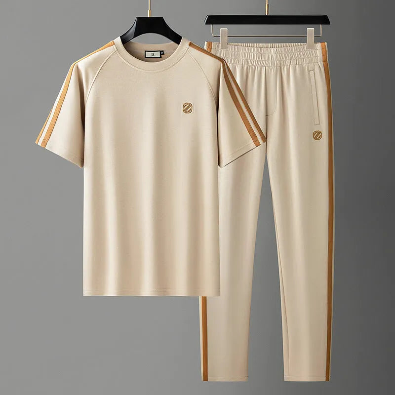 Men's ice silk style short sleeve sports suit in blue apricot black breathable polyester set