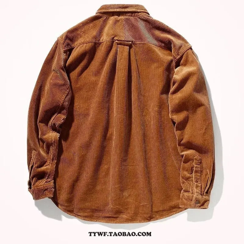 Long sleeve corduroy shirt in loose Japanese Hong Kong streetwear cardigan style