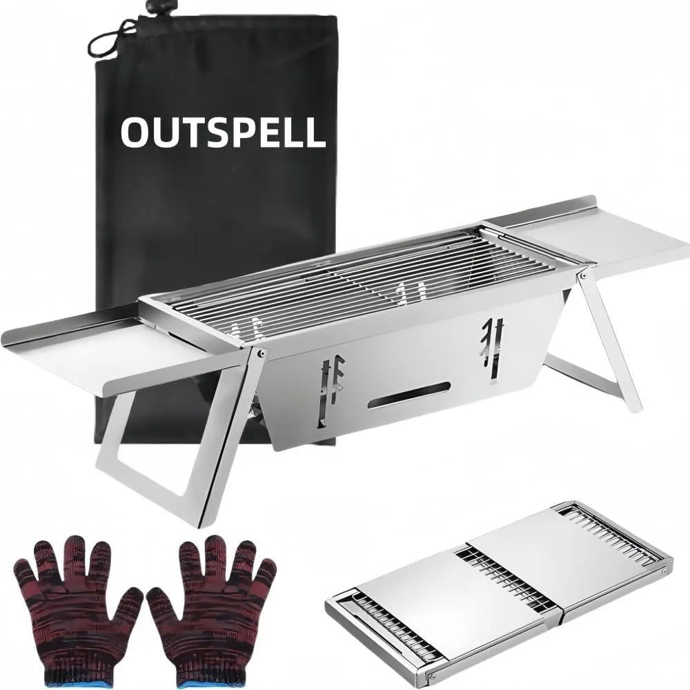 Small foldable portable charcoal grill for outdoor barbecues, shown in both open and closed positions.