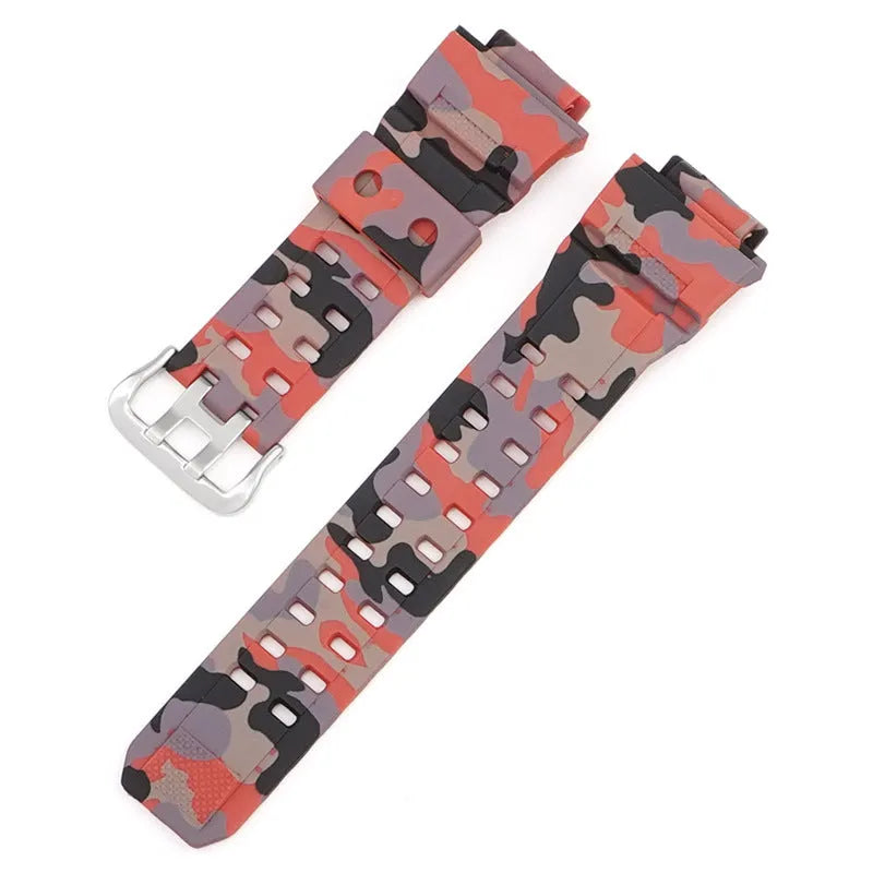 Camouflage pattern TPU watch strap with silver buckle showing 19cm length