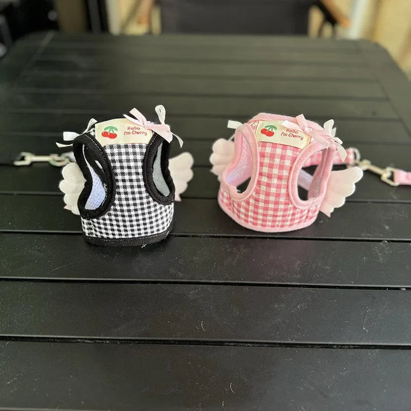 Small dog harness with chest and back connection in black or pink cotton material