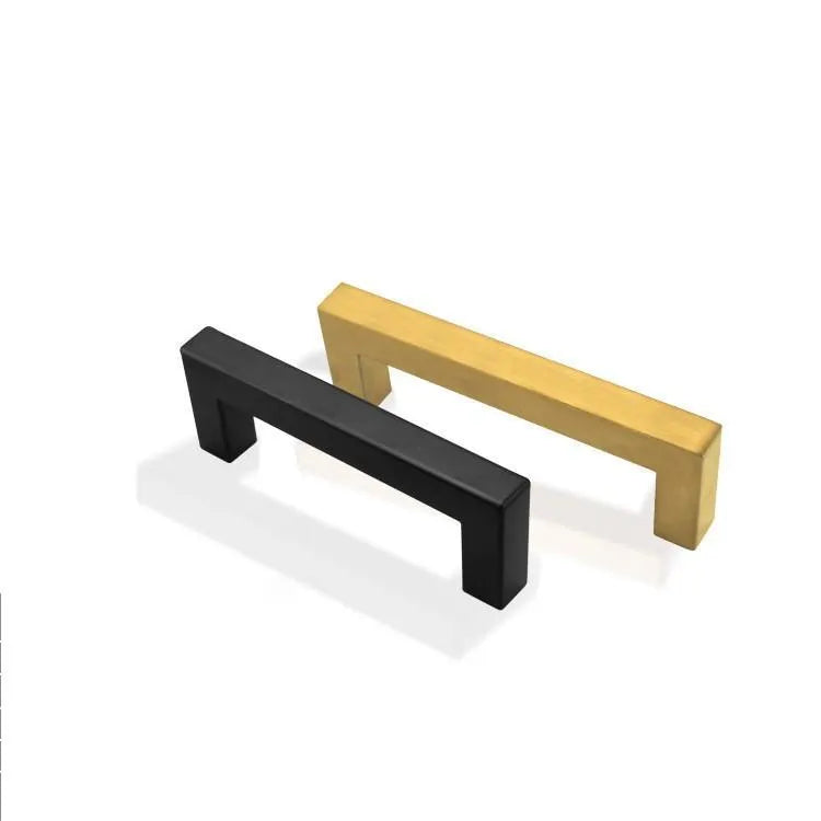 Stainless steel square pipe cabinet door handle in brushed silver, matte black, and brushed gold colours