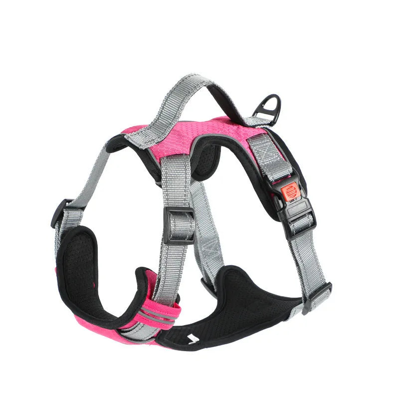 Orange polyester dog chest strap harness with an adjustable hand holding rope attached.