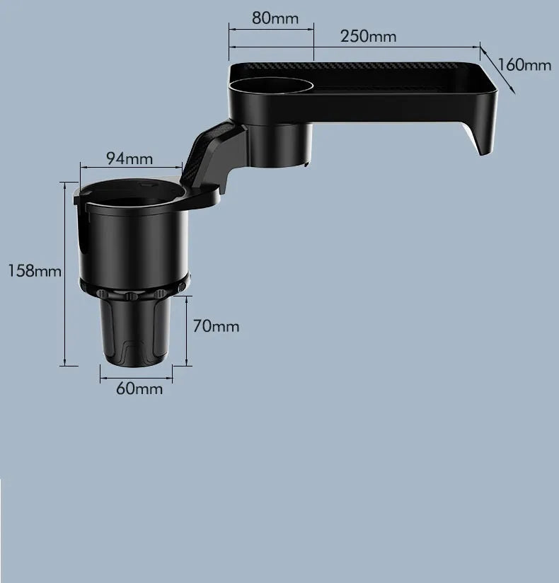 Black ABS plastic car dinner tray holder rotating in a vehicle cup holder.