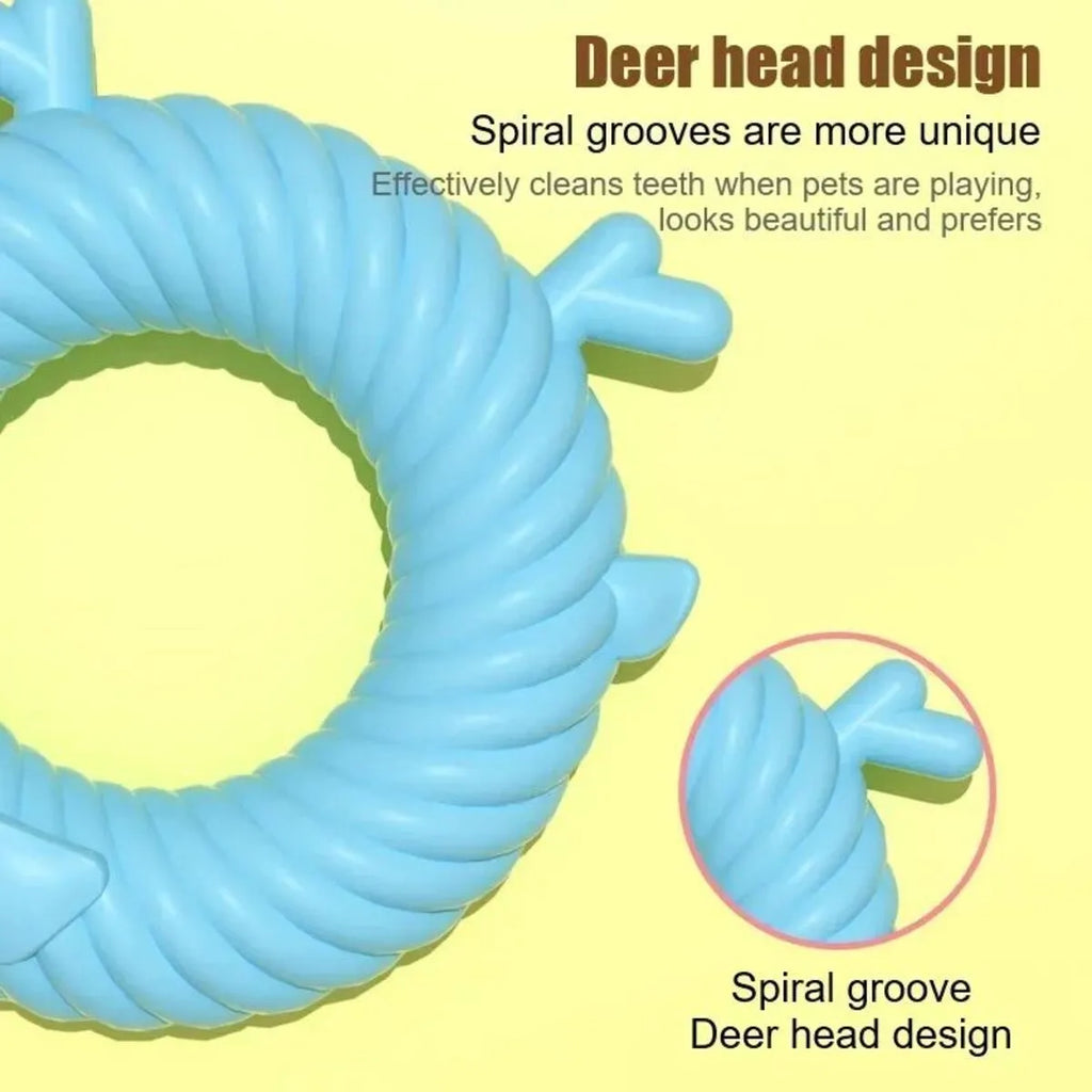 TPR dog teething chew toy in deer shape with spiral groove, light blue colour