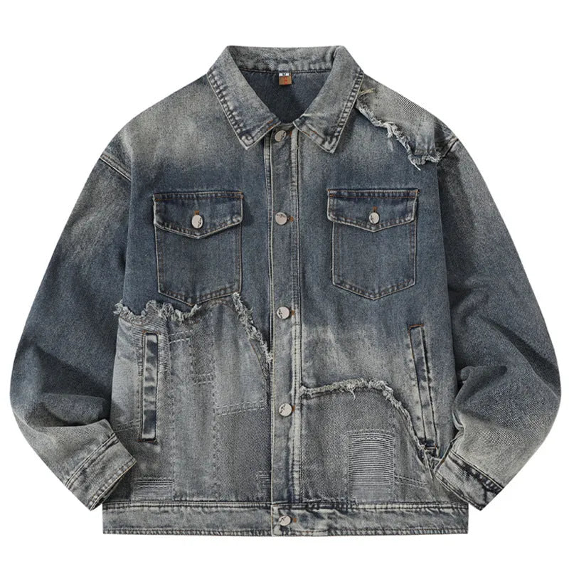 American retro high street washed destroyed denim jacket in black with side seam pockets