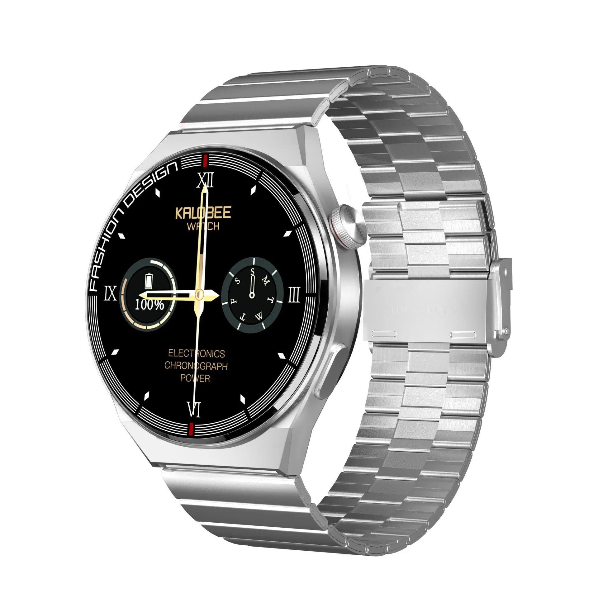 Black smartwatch with 1.28-inch screen showing health metrics on silicone strap