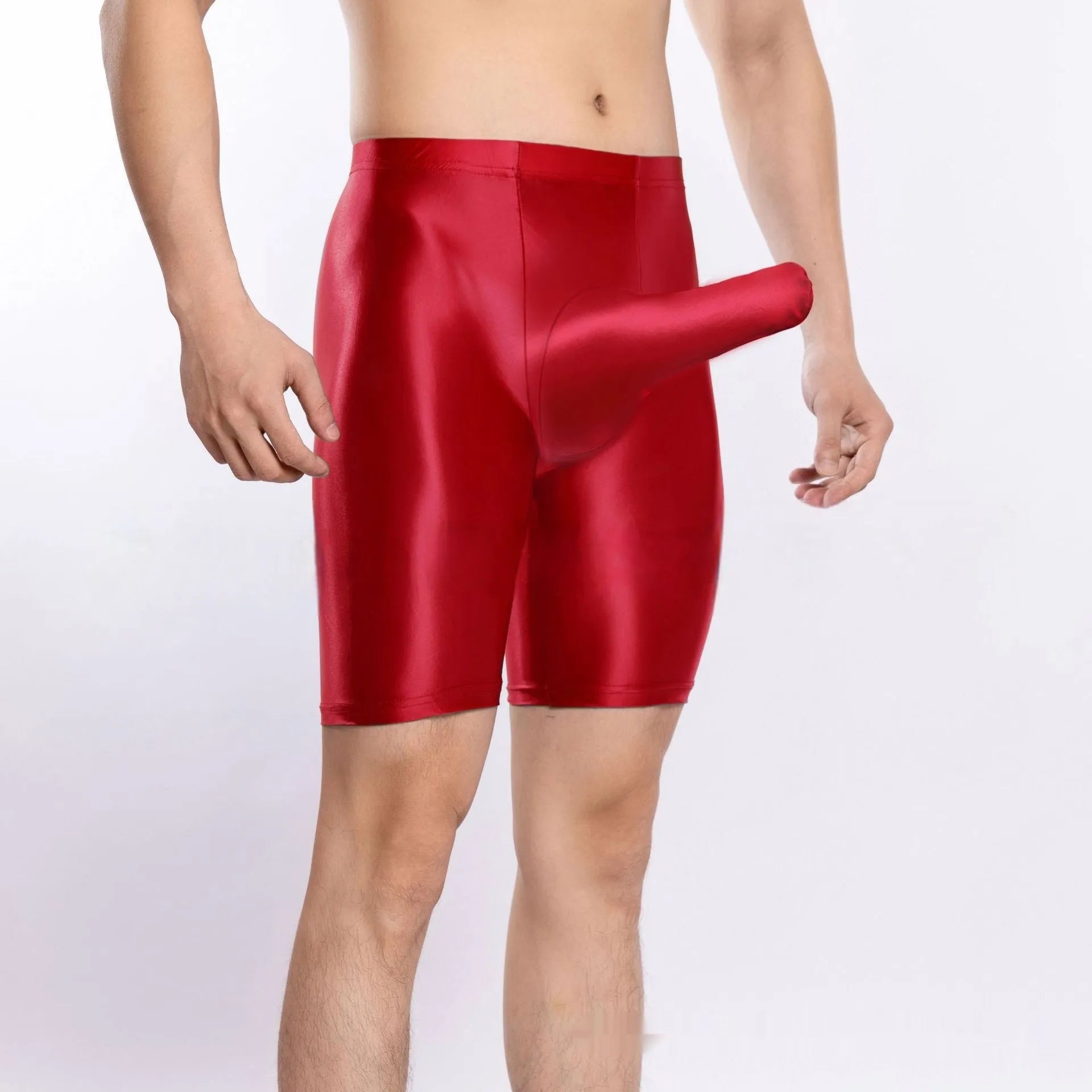 Plus size shiny silky sports shorts for men in nylon fabric showing available colour options