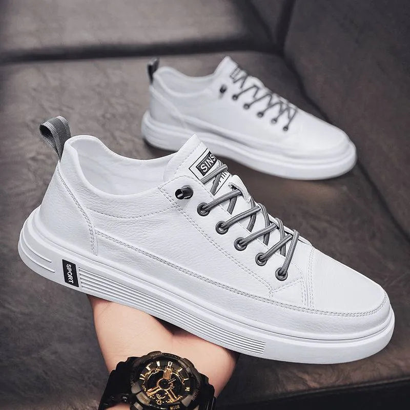 Men's white casual shoes with PU upper, round toe, flat sole, and shallow opening