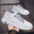 Men's white casual shoes with PU upper, round toe, flat sole, and shallow opening