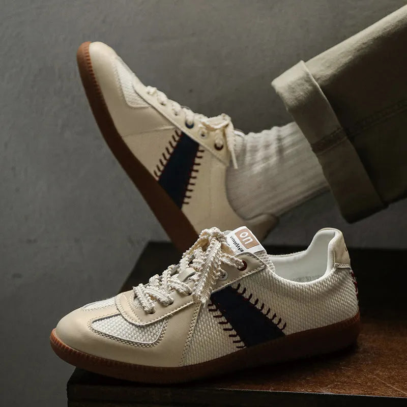 White men's casual exercise sneakers with mesh upper and low flat heel