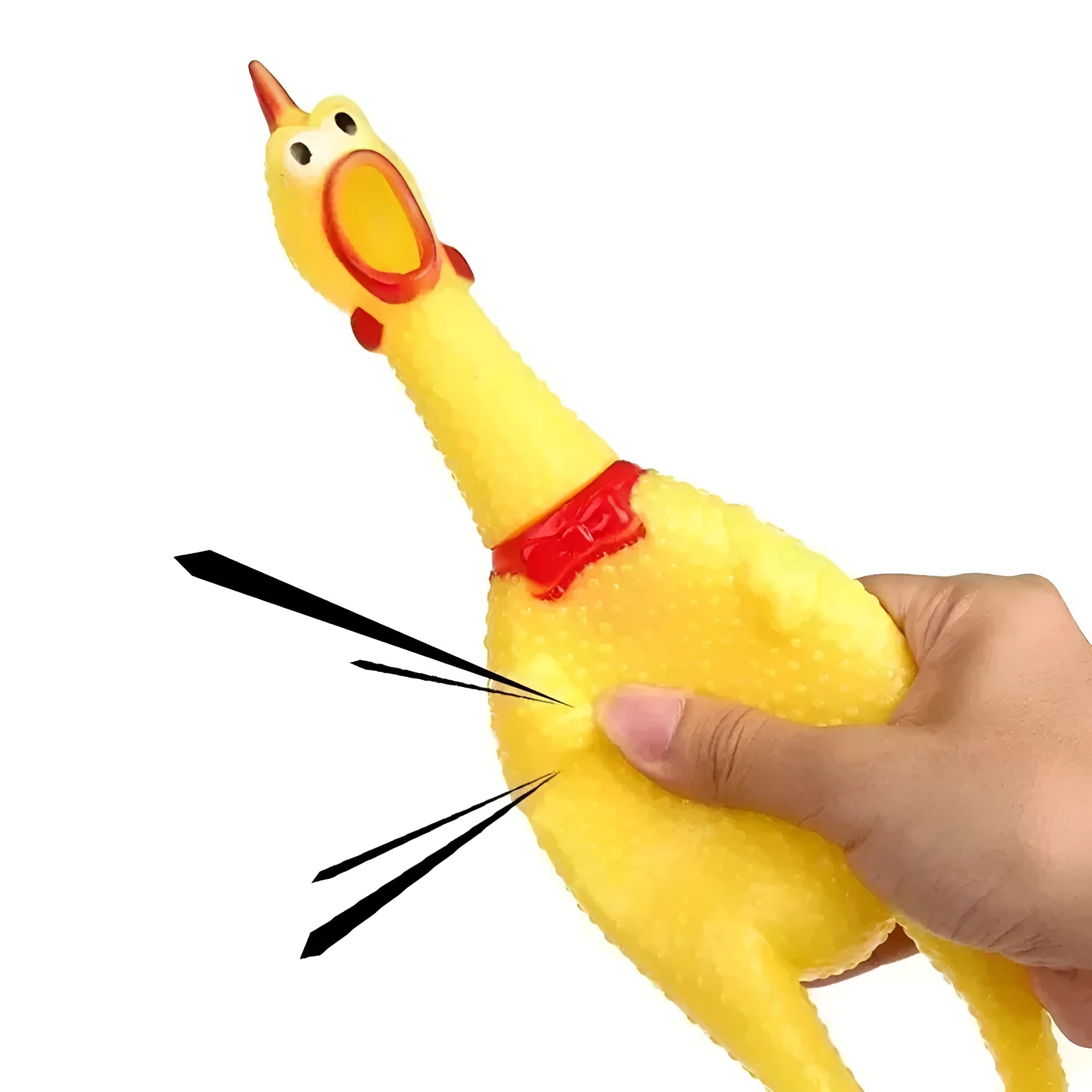 Yellow rubber screaming chicken dog squeak toy shown in three sizes: small, medium, and large.
