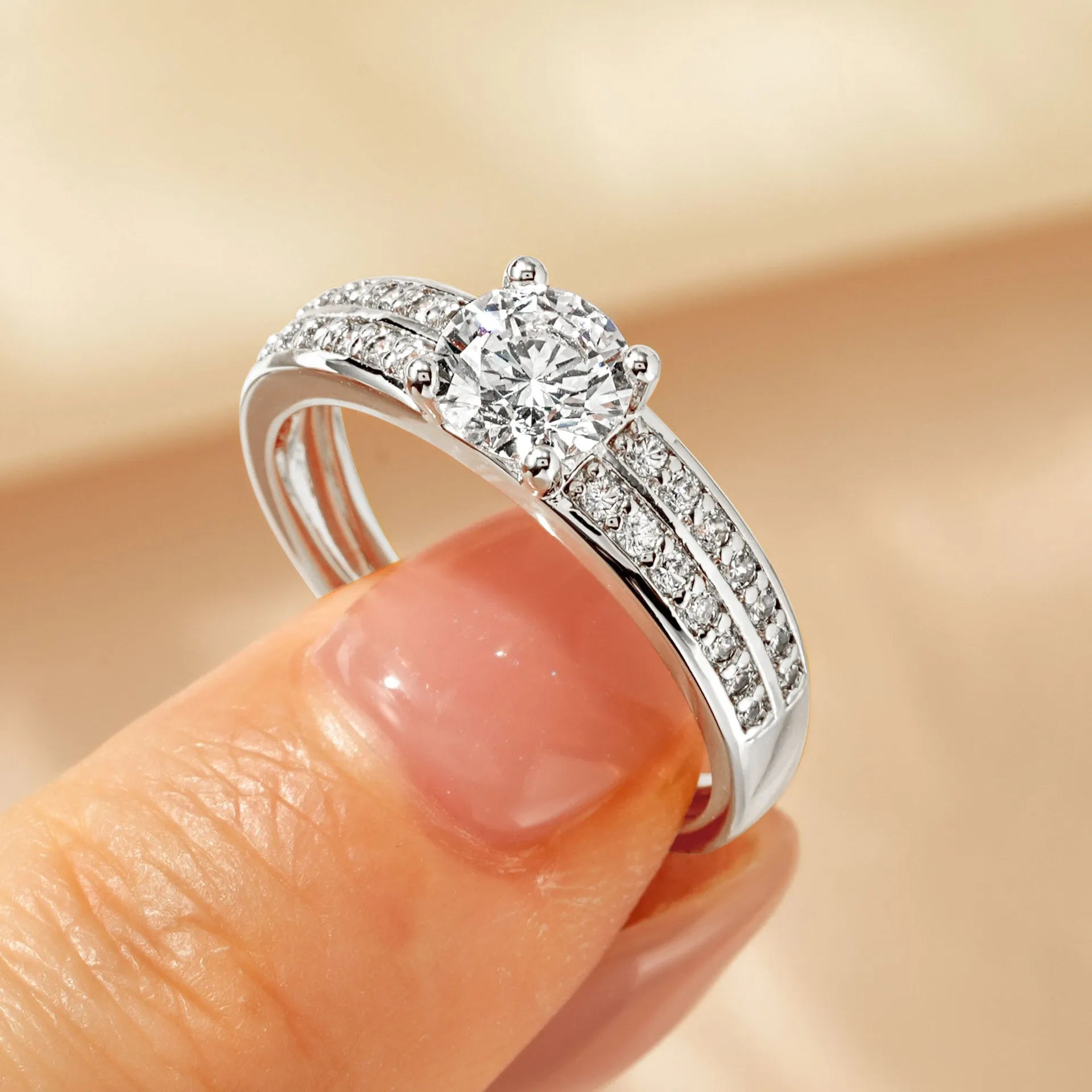 Women's geometric copper zircon ring in white or yellow, showing heart, split-arm, and star style options.