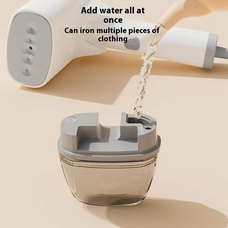 Blue handheld garment steamer with mechanical controls and hanging function