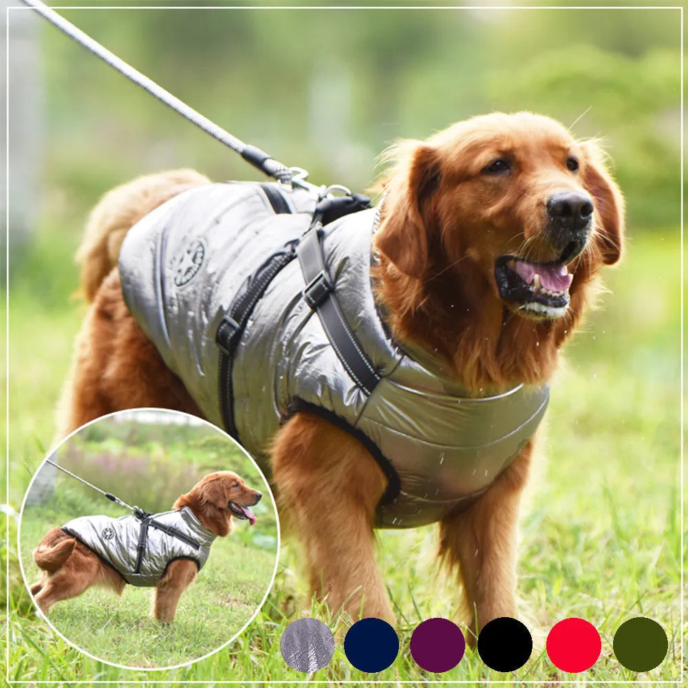 Waterproof dog coat with integrated harness in rain silk fabric, available in multiple sizes and colours