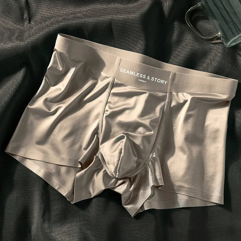 Men's ice silk underwear in satin finish showing mid-waist traceless design in coffee colour