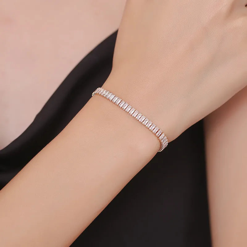 Women's rectangular brass bracelet with full diamond pattern in zircon stones in champagne gold finish