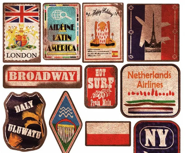 Set of 36 retro beach themed waterproof PVC stickers with matte finish, sizes 6-10cm