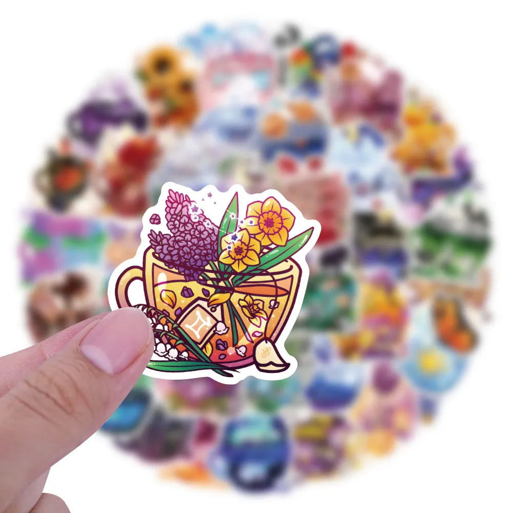 Pack of 50 colourful tea cup graffiti waterproof stickers in a Nordic style for luggage and scooter customisation.