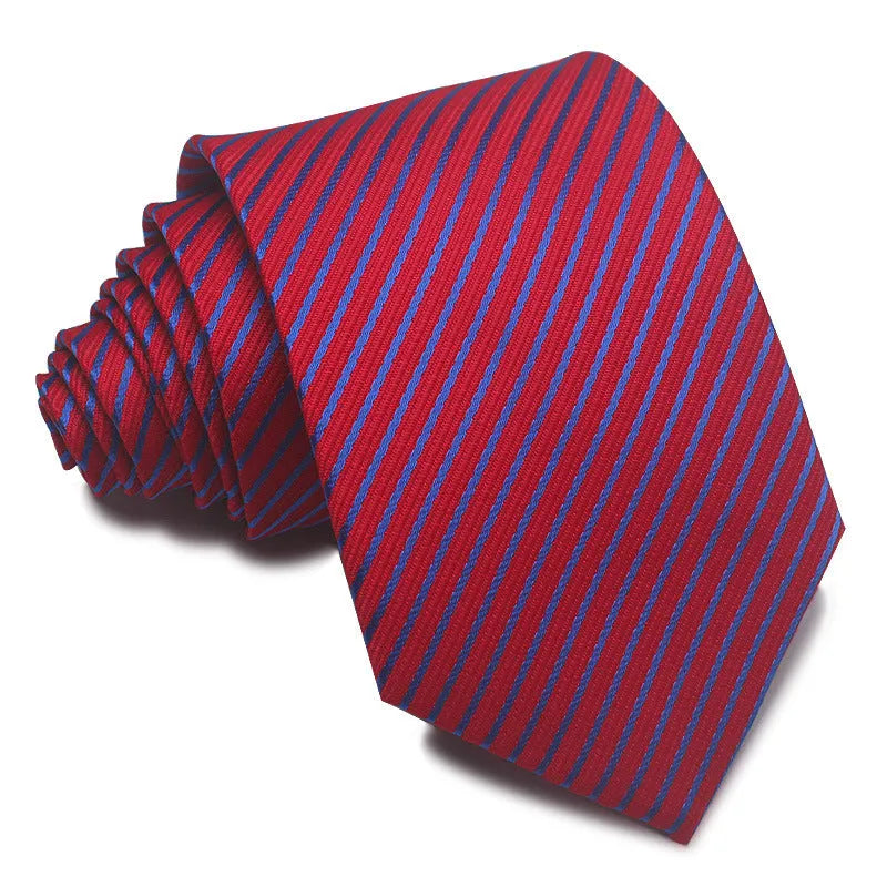 Men's 8cm polyester jacquard striped business tie in red black and blue formal arrow type