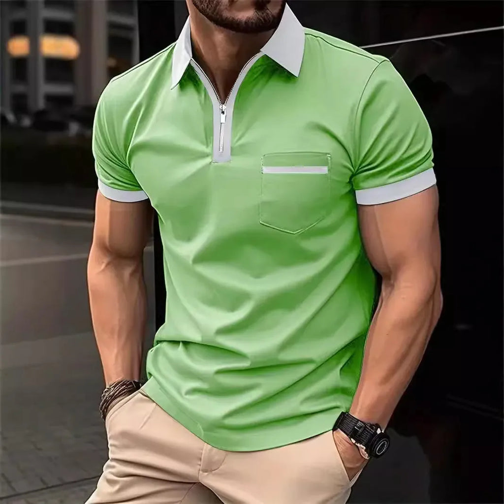 Men's loose fit casual short sleeve shirt with chest pocket and zipper decoration
