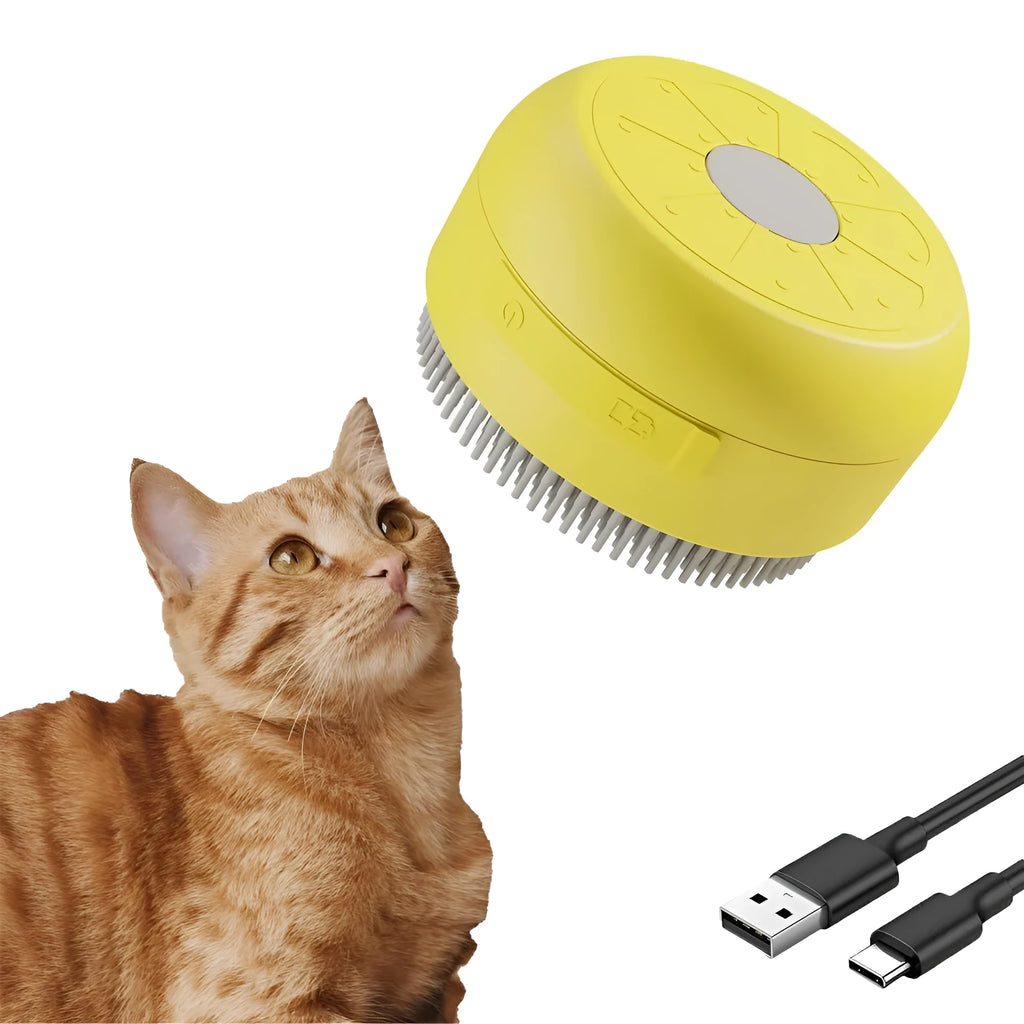 Rechargeable green and yellow pet steam brush with silicone bristles on a table.