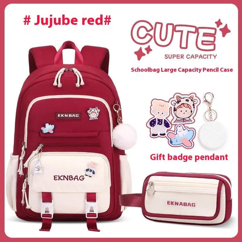 Girls waterproof Oxford cloth school backpack with curved straps and spine protection in solid colours for grade 5-6 students