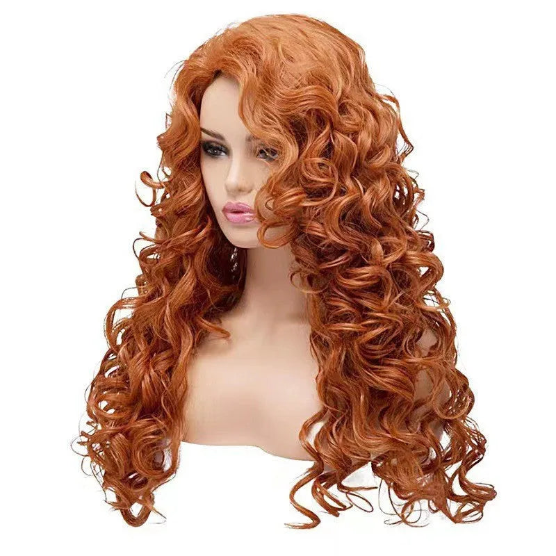Brown long wavy curly exotic style synthetic wig on wig head