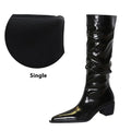 Women's over-the-knee boots black patent leather chunky heel wrinkled surface cotton lining