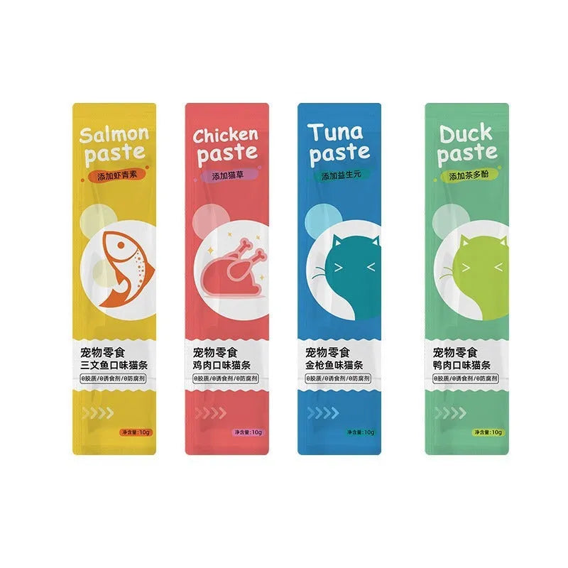 Pack of 10 cat strip snacks in four different flavours for adult cats.