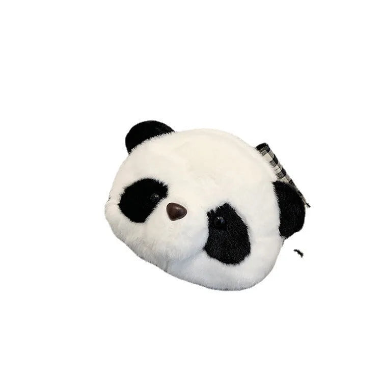 Plush crossbody shoulder bag with panda head pattern and cylindrical shape