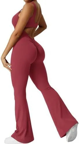 Women's sleeveless flare jumpsuit long pants in Army Green colour for yoga fitness.