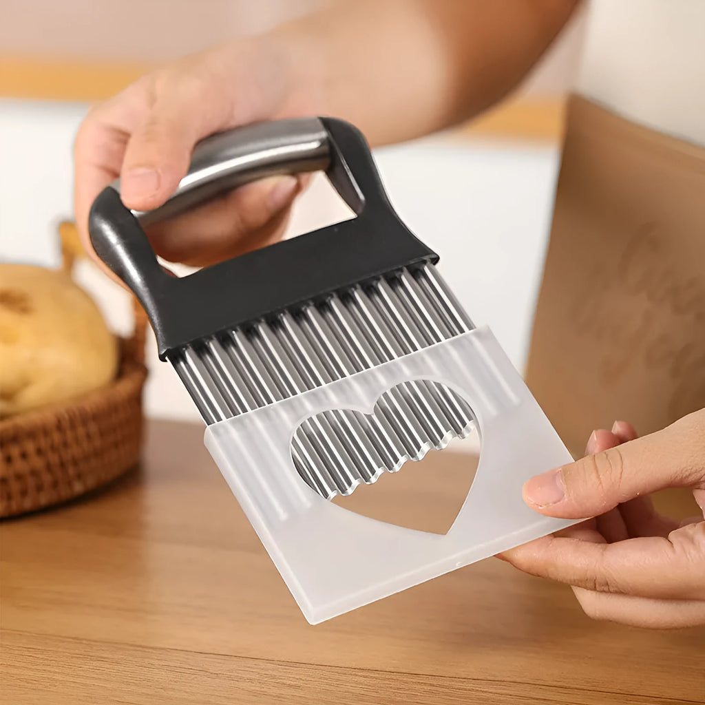 Stainless steel potato wave knife for making crinkle-cut chips and waffle fries.