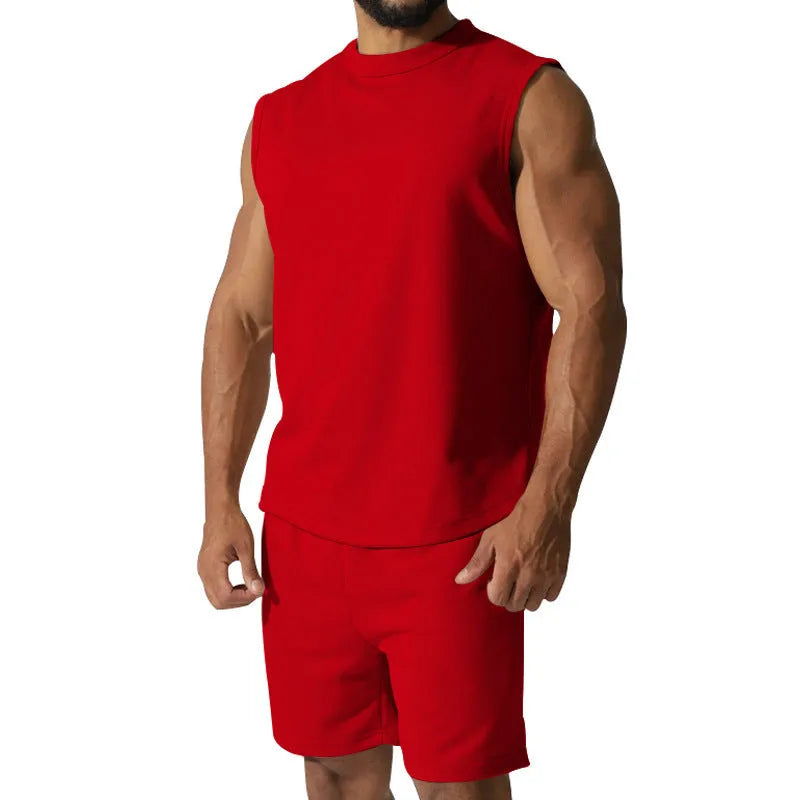 Men's sleeveless cotton blend sports top and matching shorts in solid colour options