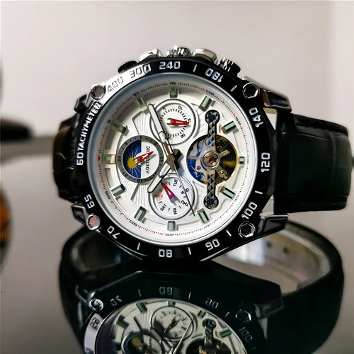 Men's automatic mechanical watch with 12mm case in black steel, silver, and gold finish options.