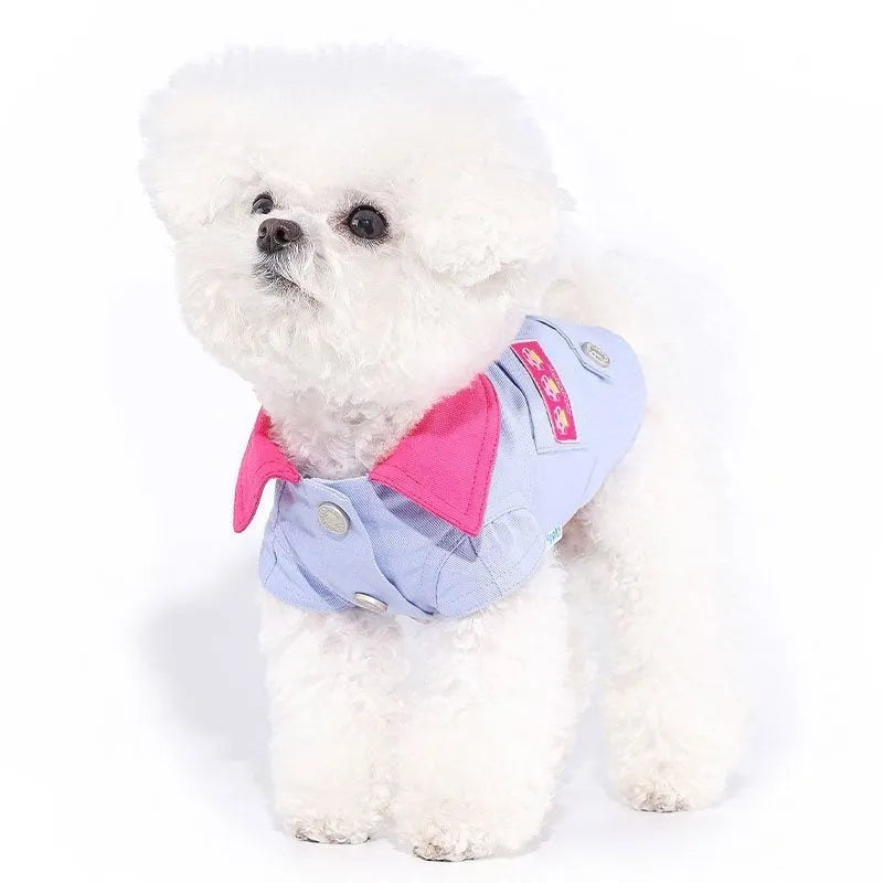 Blue and purple polyester dog vest for small breeds with integrated leash ring, sizes XXS to XXL