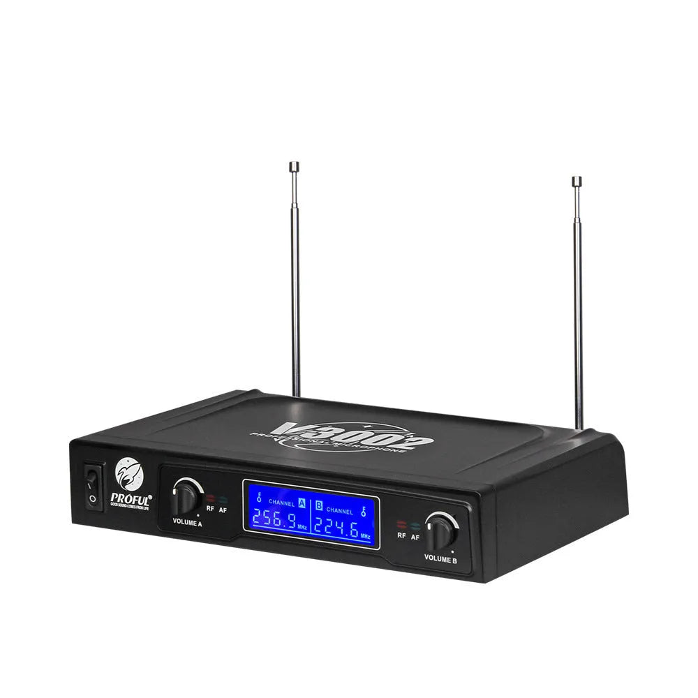 Black V-3002 wireless microphone set with two handheld dynamic mics and transmitter for KTV and stage use