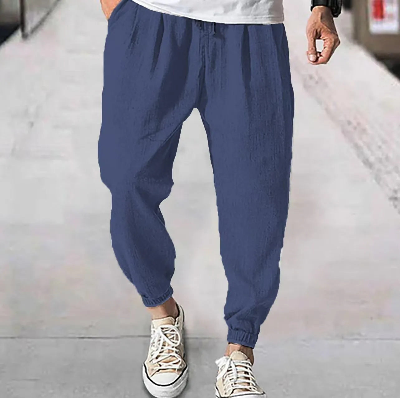 Men's cotton casual trousers with elasticated ankle cuffs in multiple colours including light green